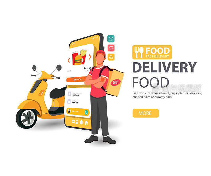 Delivery food service concept, Courier in takeaway food with scooter. Vector illustration